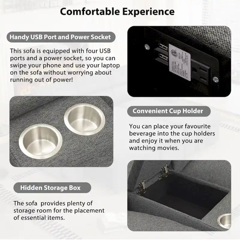Canapé sectionnel d'angle inclinable électrique home cinéma 104 pouces avec boîte de rangement, porte-gobelets, ports USB et prise de courant