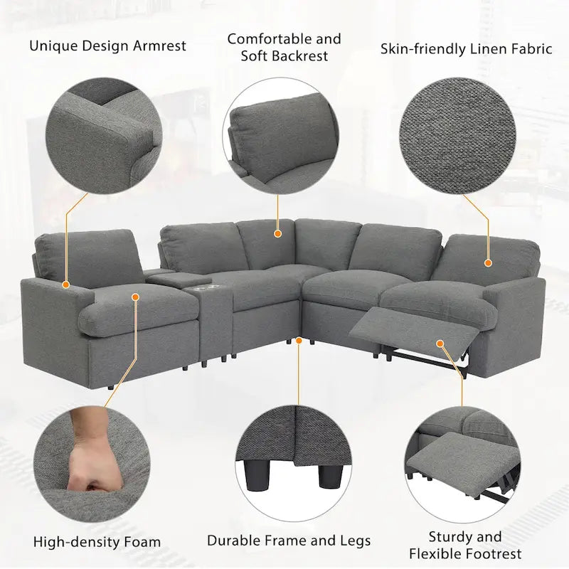 Canapé sectionnel d'angle inclinable électrique home cinéma 104 pouces avec boîte de rangement, porte-gobelets, ports USB et prise de courant