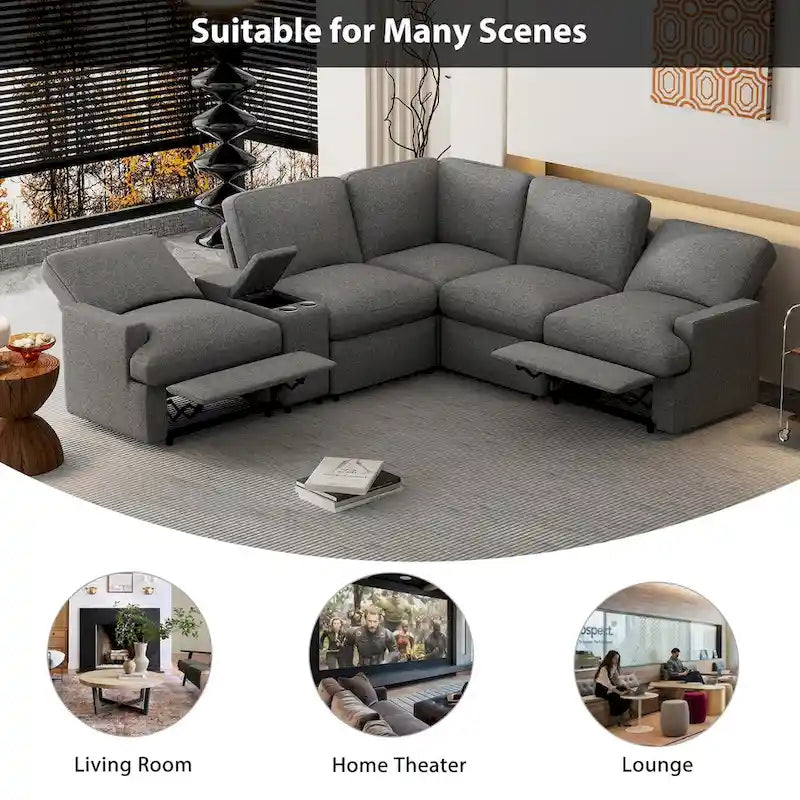 Canapé sectionnel d'angle inclinable électrique home cinéma 104 pouces avec boîte de rangement, porte-gobelets, ports USB et prise de courant