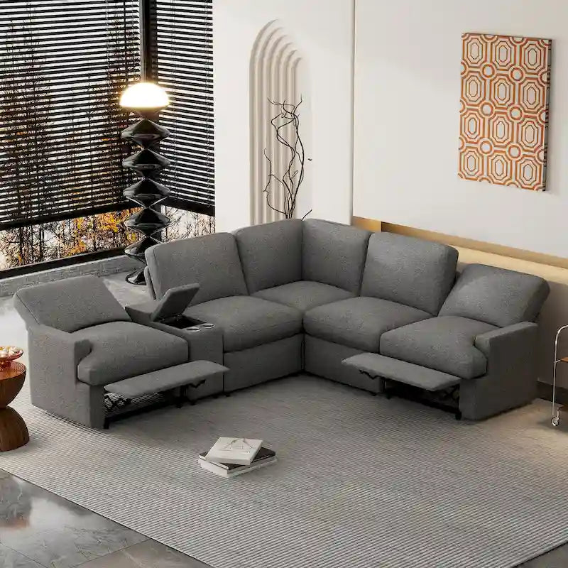 Canapé sectionnel d'angle inclinable électrique home cinéma 104 pouces avec boîte de rangement, porte-gobelets, ports USB et prise de courant