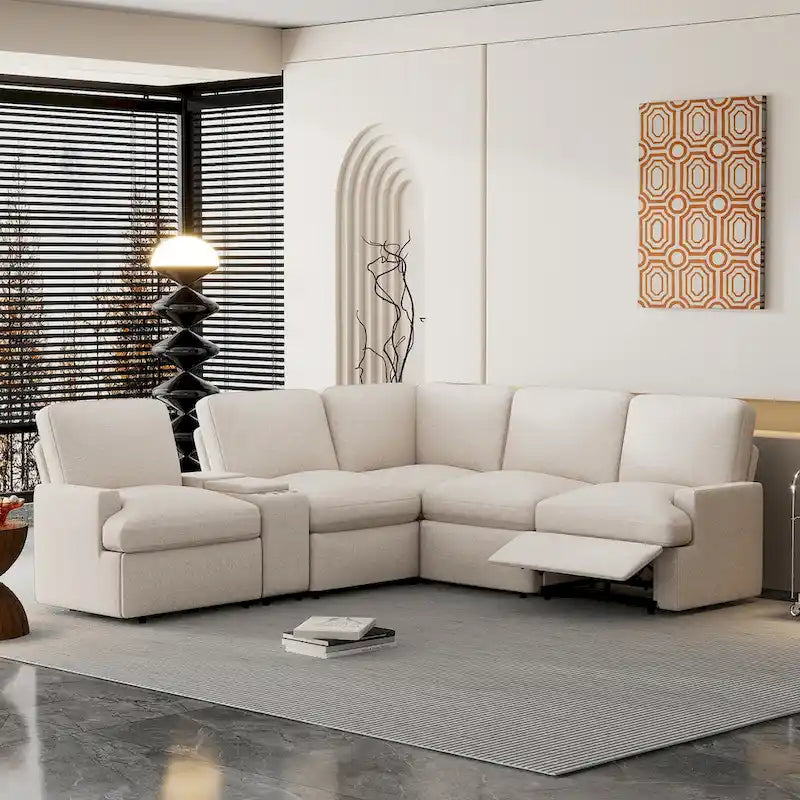 Canapé sectionnel d'angle inclinable électrique home cinéma 104 pouces avec boîte de rangement, porte-gobelets, ports USB et prise de courant
