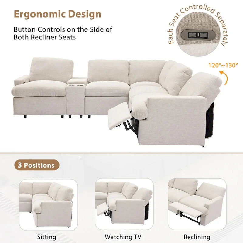 Canapé sectionnel d'angle inclinable électrique home cinéma 104 pouces avec boîte de rangement, porte-gobelets, ports USB et prise de courant