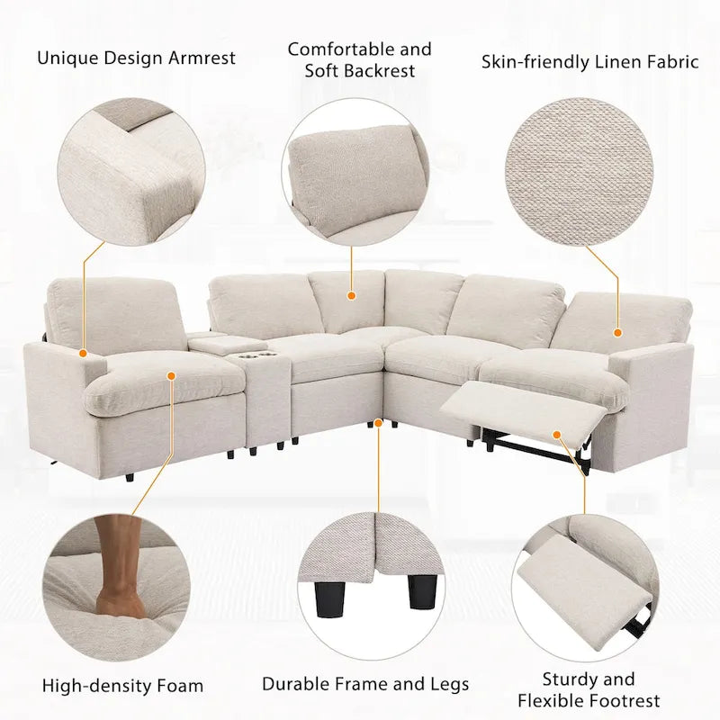 Canapé sectionnel d'angle inclinable électrique home cinéma 104 pouces avec boîte de rangement, porte-gobelets, ports USB et prise de courant