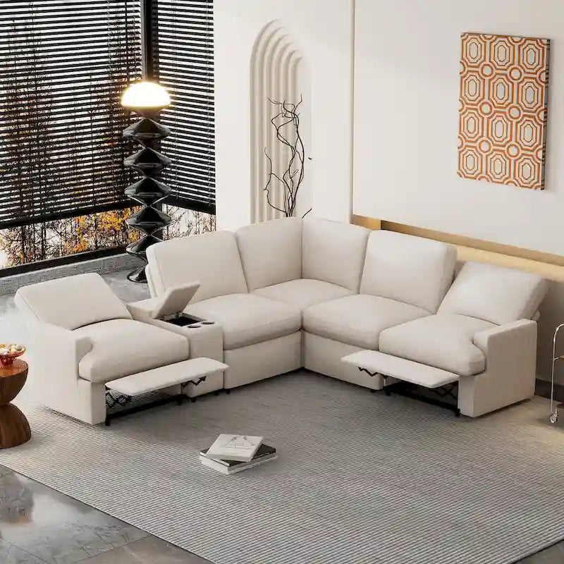Canapé sectionnel d'angle inclinable électrique home cinéma 104 pouces avec boîte de rangement, porte-gobelets, ports USB et prise de courant