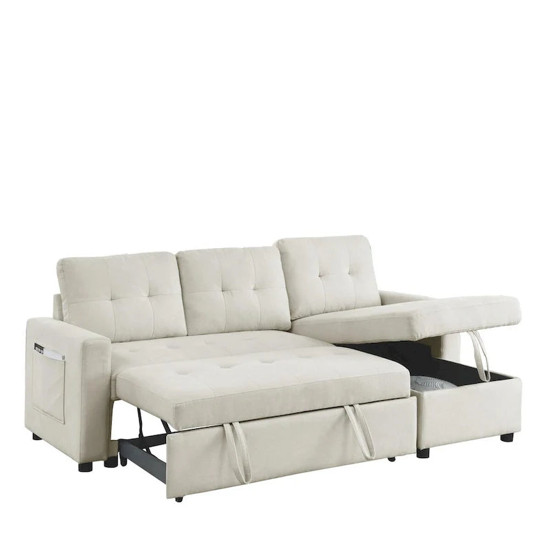 Canapé-lit sectionnel réversible beige de 78,5 pouces avec chaise longue de rangement et pochette latérale - 78,5 larg. x 49 prof. x 31 haut.