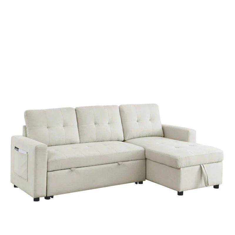 Canapé-lit sectionnel réversible beige de 78,5 pouces avec chaise longue de rangement et pochette latérale - 78,5 larg. x 49 prof. x 31 haut.