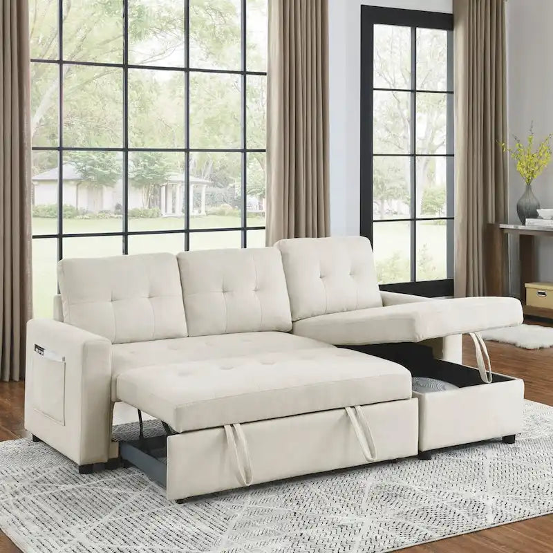 Canapé-lit sectionnel réversible beige de 78,5 pouces avec chaise longue de rangement et pochette latérale - 78,5 larg. x 49 prof. x 31 haut.