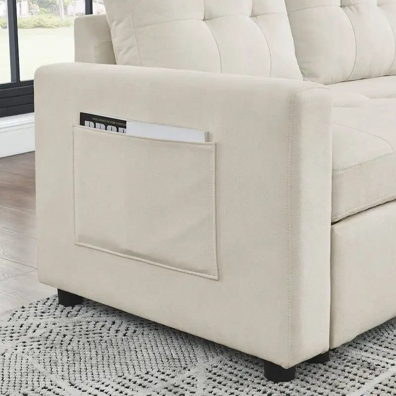 Canapé-lit sectionnel réversible beige de 78,5 pouces avec chaise longue de rangement et pochette latérale - 78,5 larg. x 49 prof. x 31 haut.