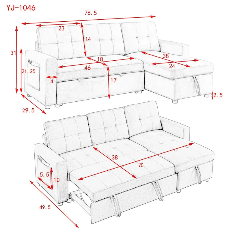 Canapé-lit sectionnel réversible beige de 78,5 pouces avec chaise longue de rangement et pochette latérale - 78,5 larg. x 49 prof. x 31 haut.