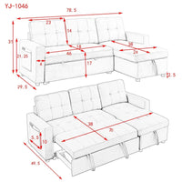 Canapé-lit sectionnel réversible beige de 78,5 pouces avec chaise longue de rangement et pochette latérale - 78,5 larg. x 49 prof. x 31 haut.