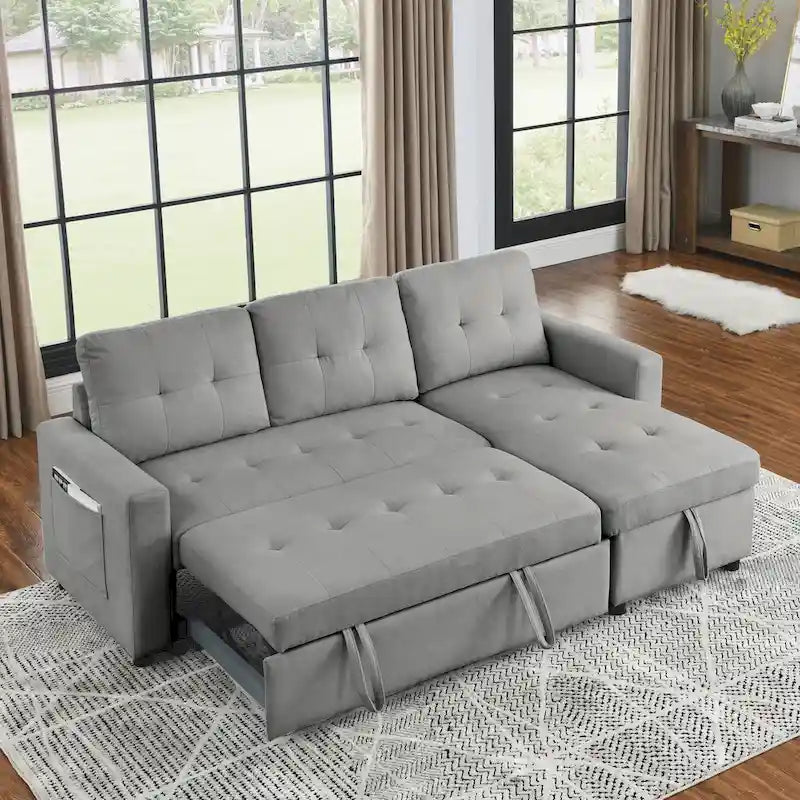 Canapé-lit sectionnel réversible beige de 78,5 pouces avec chaise longue de rangement et pochette latérale - 78,5 larg. x 49 prof. x 31 haut.