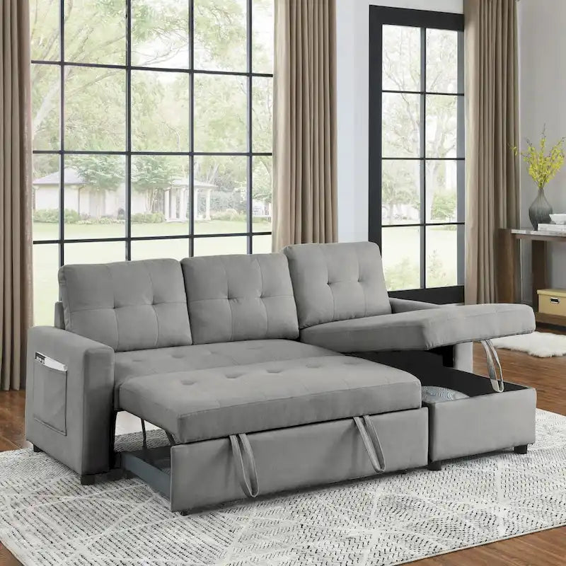 Canapé-lit sectionnel réversible beige de 78,5 pouces avec chaise longue de rangement et pochette latérale - 78,5 larg. x 49 prof. x 31 haut.