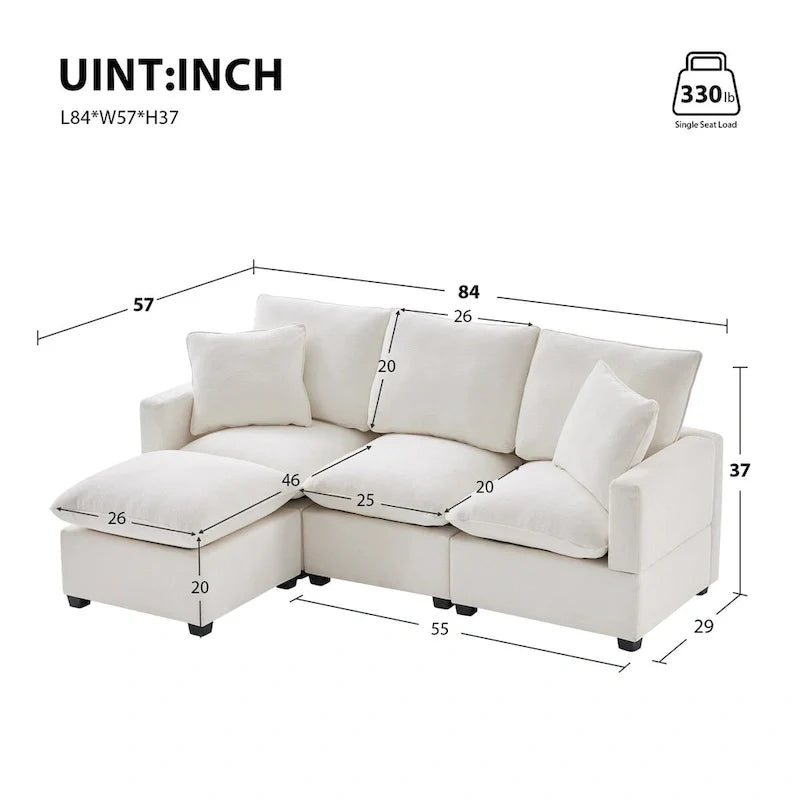 Canapé sectionnel modulaire moderne en chenille avec 2 coussins