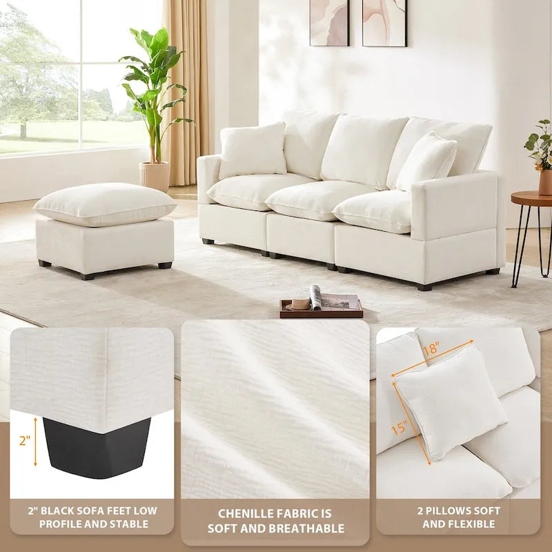 Canapé sectionnel modulaire moderne en chenille avec 2 coussins