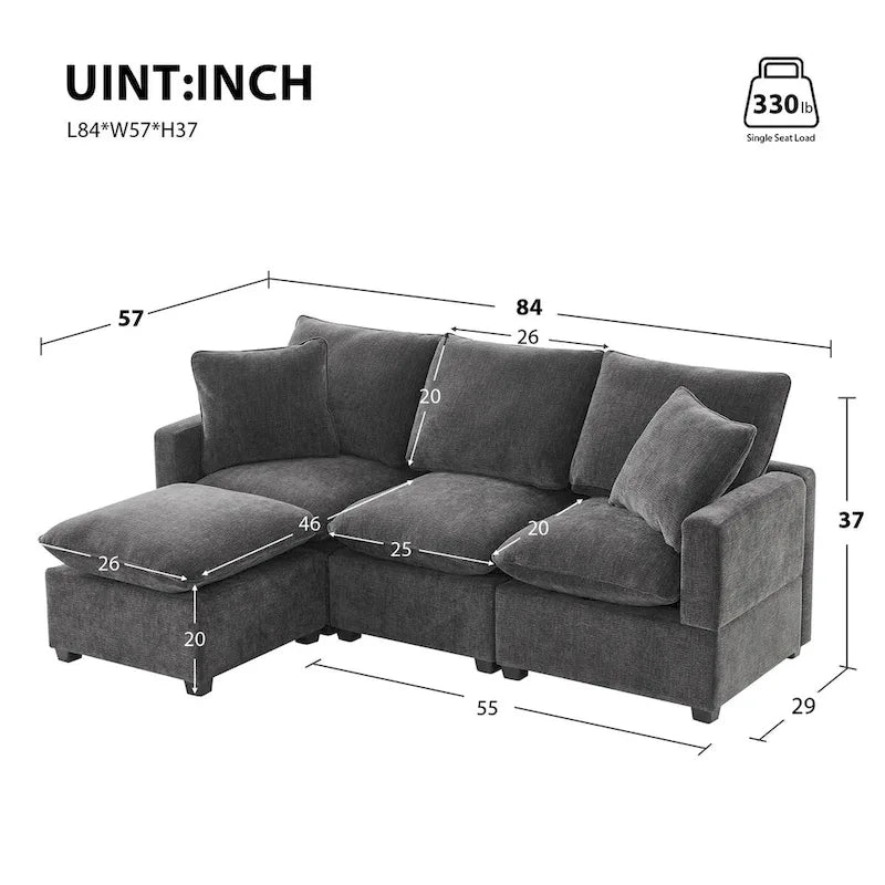 Canapé sectionnel modulaire moderne en chenille avec 2 coussins