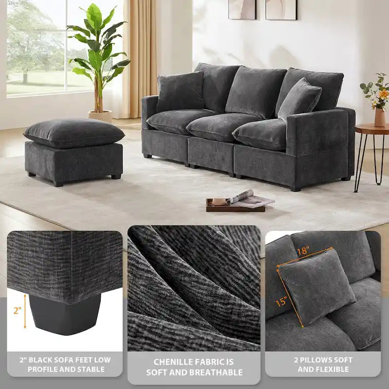 Canapé sectionnel modulaire moderne en chenille avec 2 coussins