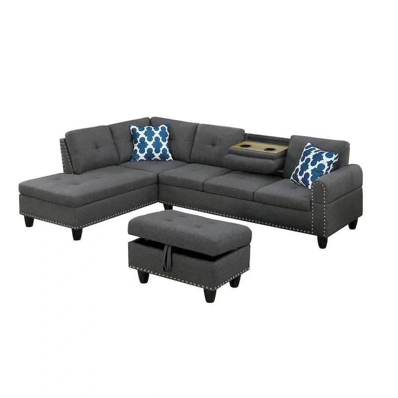 Canapé Accoudoir Gauche Alger 98 pouces de large avec Méridienne et Pouf - 98L x 71P x 33H pouces