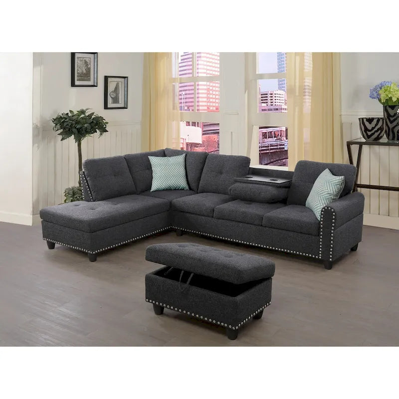 Canapé Accoudoir Gauche Alger 98 pouces de large avec Méridienne et Pouf - 98L x 71P x 33H pouces