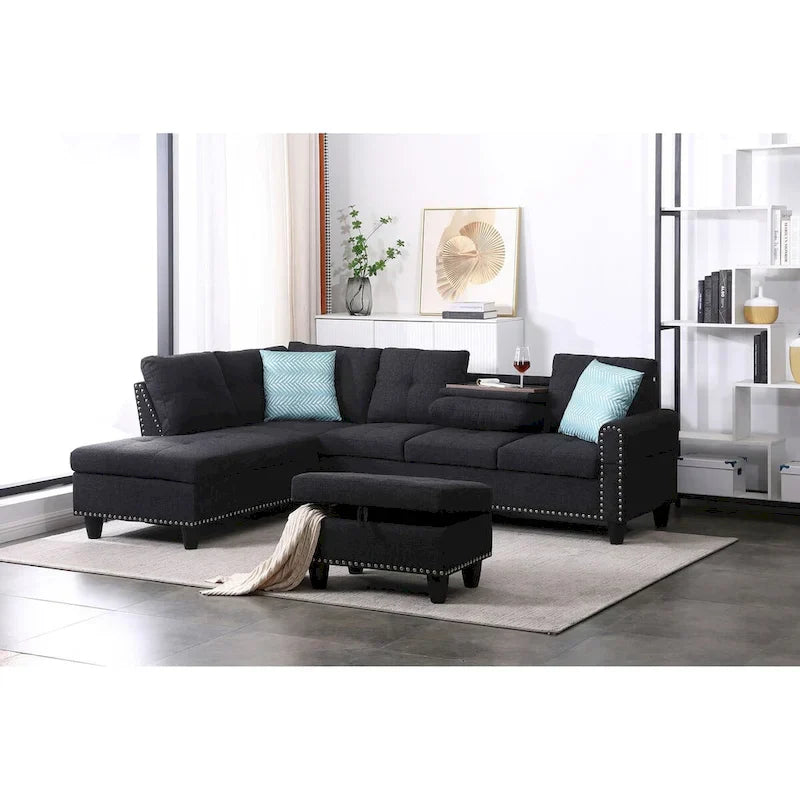Canapé Accoudoir Gauche Alger 98 pouces de large avec Méridienne et Pouf - 98L x 71P x 33H pouces