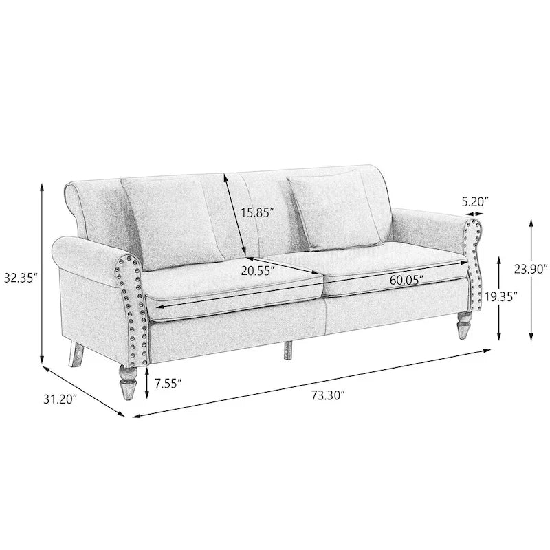 Canapé 73 pouces avec Clous Décoratifs et Accoudoirs Enroulés