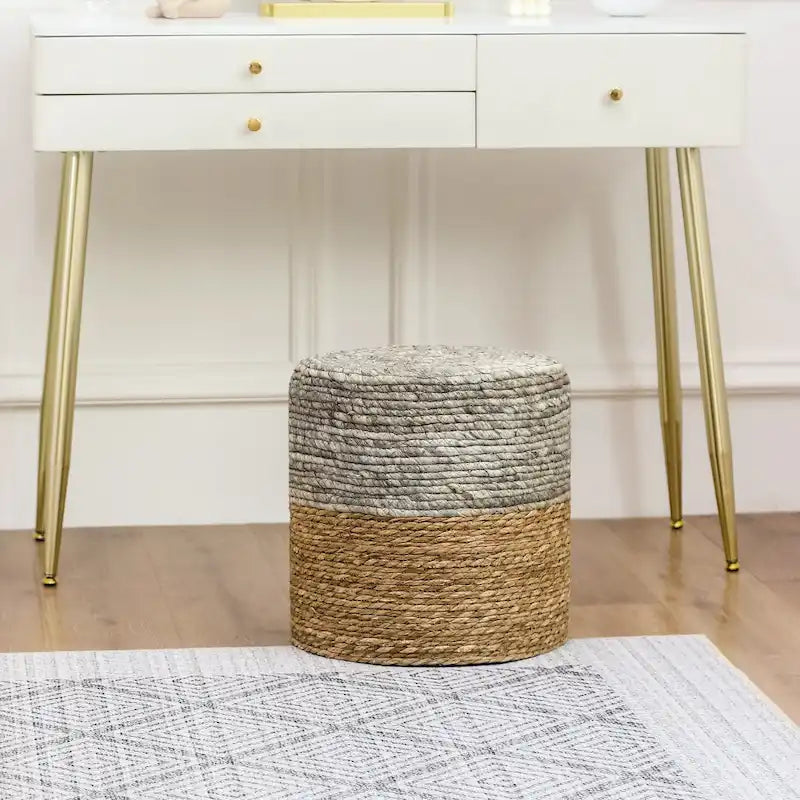 Adeco Pouf Rond en Jonc Naturel Tressé à la Main Repose-Pieds