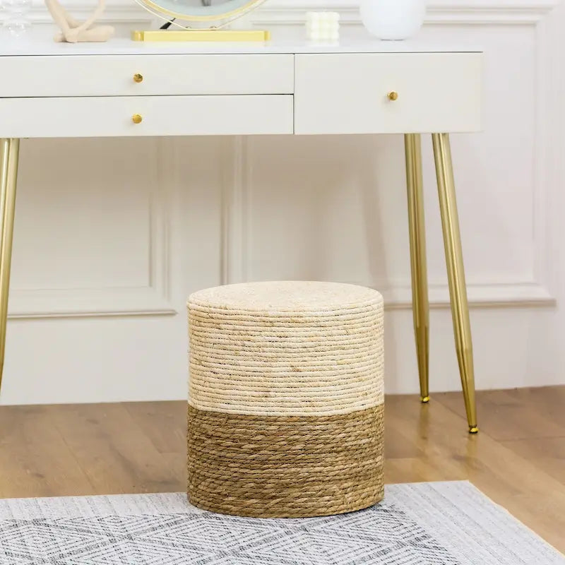 Adeco Pouf Rond en Jonc Naturel Tressé à la Main Repose-Pieds