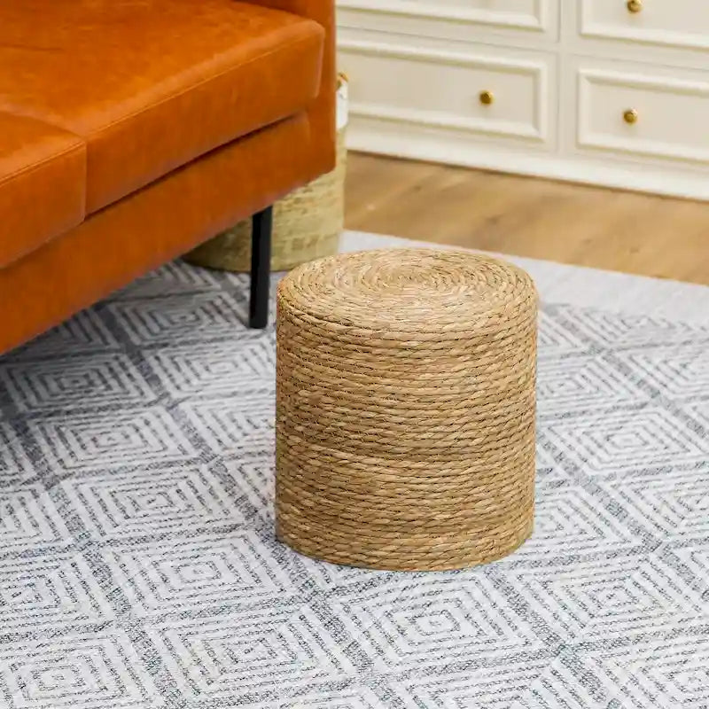Adeco Pouf Rond en Jonc Naturel Tressé à la Main Repose-Pieds