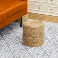 Adeco Pouf Rond en Jonc Naturel Tressé à la Main Repose-Pieds