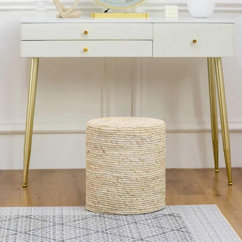 Adeco Pouf Rond en Jonc Naturel Tressé à la Main Repose-Pieds
