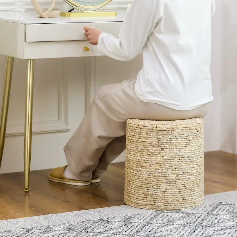 Adeco Pouf Rond en Jonc Naturel Tressé à la Main Repose-Pieds