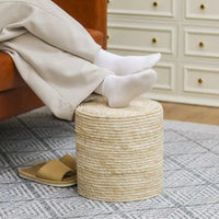 Adeco Pouf Rond en Jonc Naturel Tressé à la Main Repose-Pieds