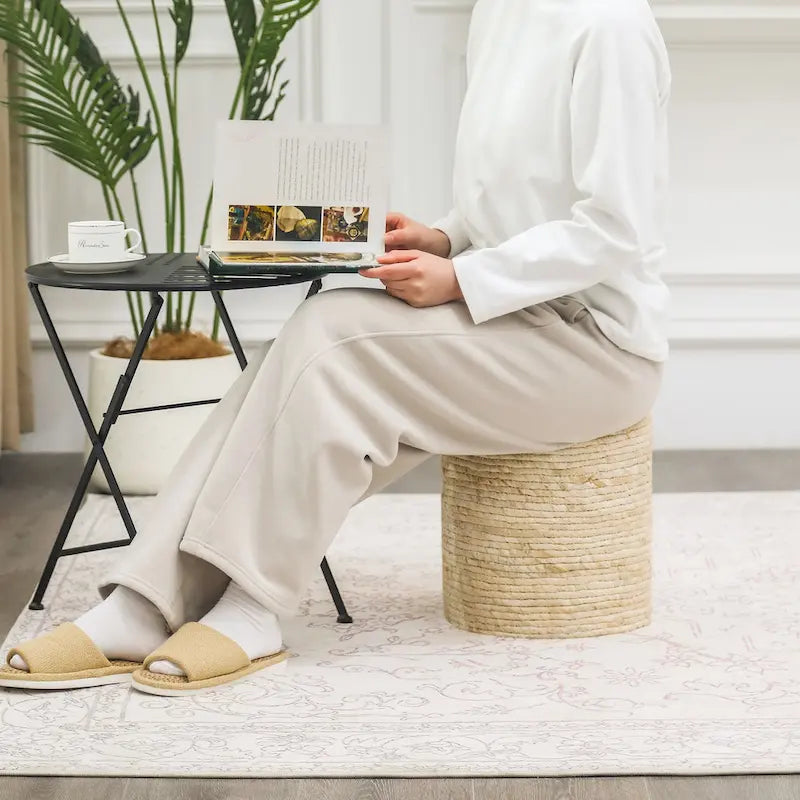 Adeco Pouf Rond en Jonc Naturel Tressé à la Main Repose-Pieds