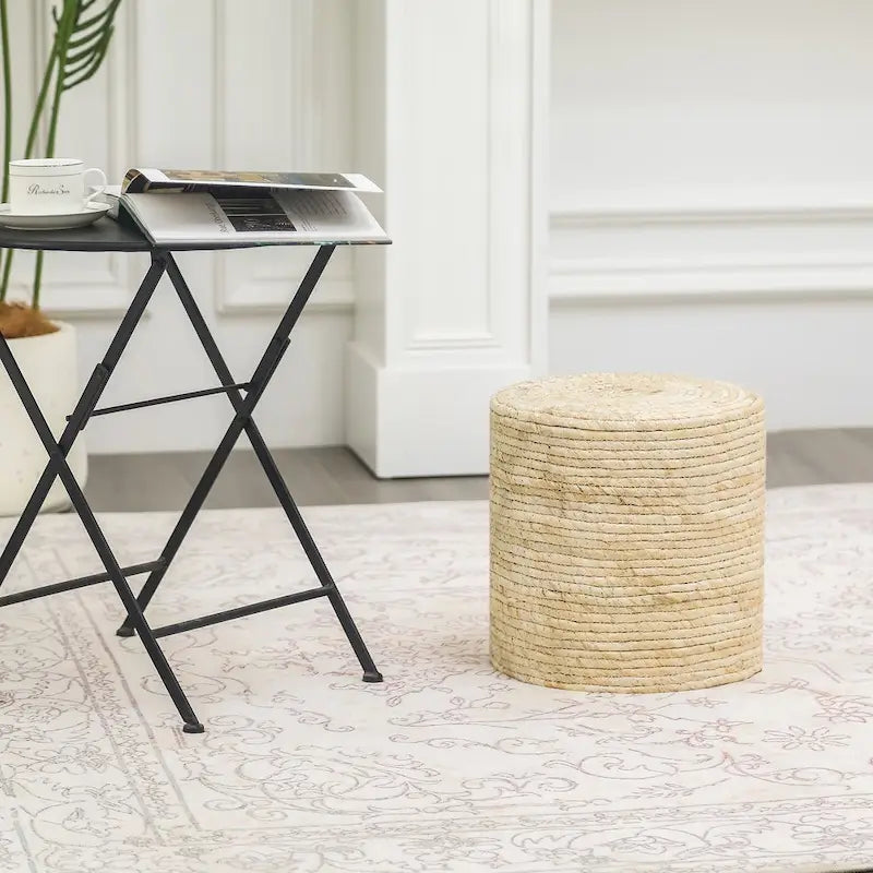 Adeco Pouf Rond en Jonc Naturel Tressé à la Main Repose-Pieds