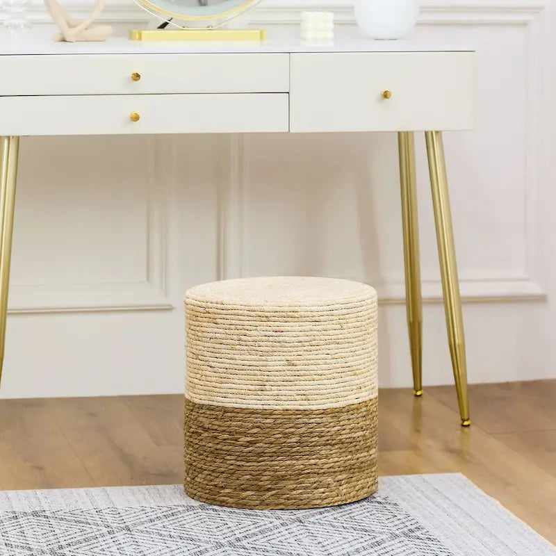 Adeco Pouf Rond en Jonc Naturel Tressé à la Main Repose-Pieds