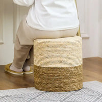 Adeco Pouf Rond en Jonc Naturel Tressé à la Main Repose-Pieds