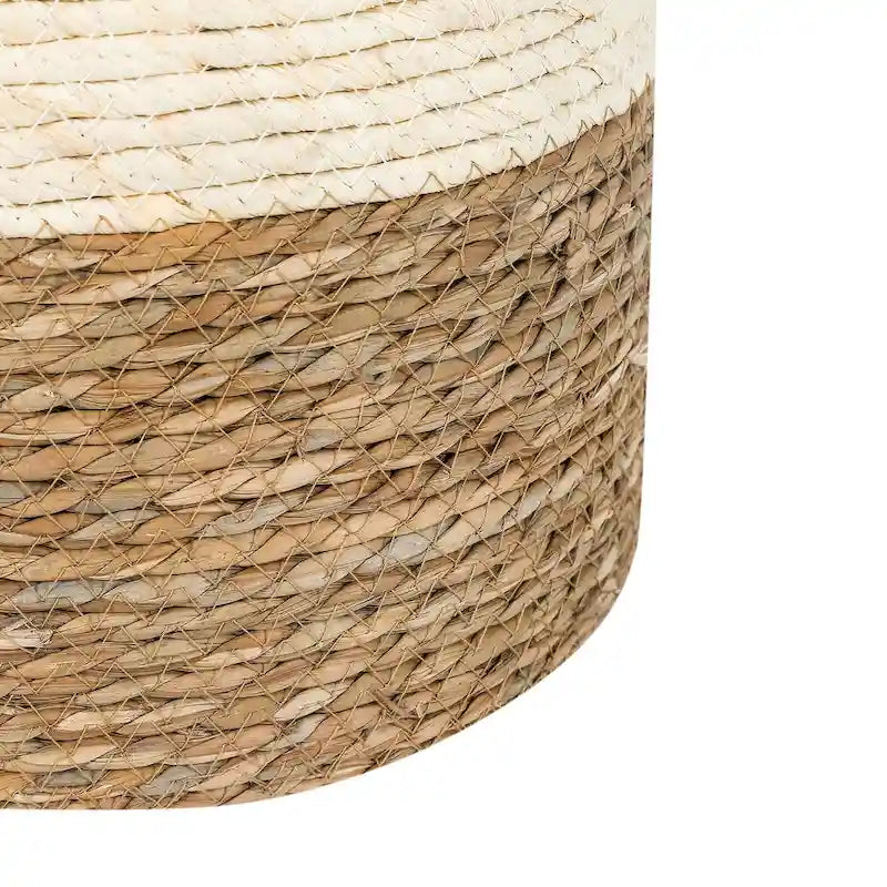 Adeco Pouf Rond en Jonc Naturel Tressé à la Main Repose-Pieds