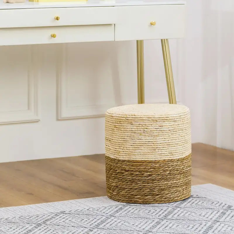 Adeco Pouf Rond en Jonc Naturel Tressé à la Main Repose-Pieds