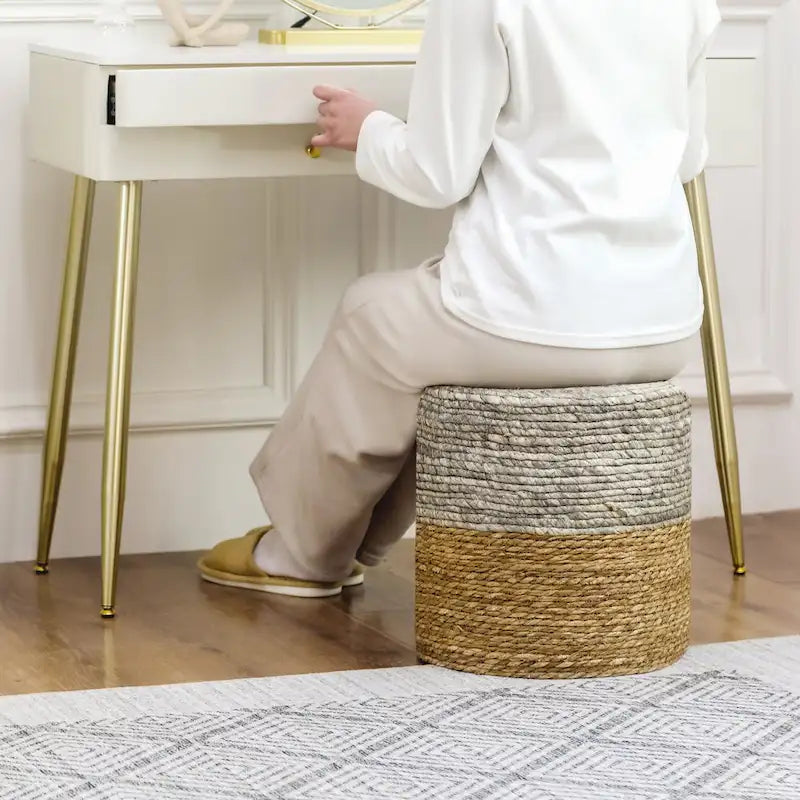 Adeco Pouf Rond en Jonc Naturel Tressé à la Main Repose-Pieds