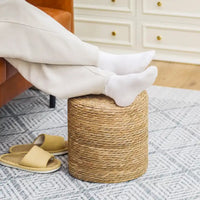 Adeco Pouf Rond en Jonc Naturel Tressé à la Main Repose-Pieds