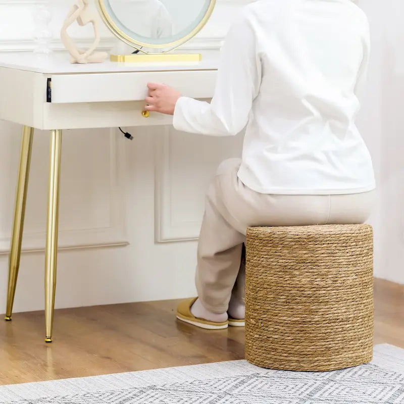 Adeco Pouf Rond en Jonc Naturel Tressé à la Main Repose-Pieds