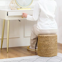 Adeco Pouf Rond en Jonc Naturel Tressé à la Main Repose-Pieds