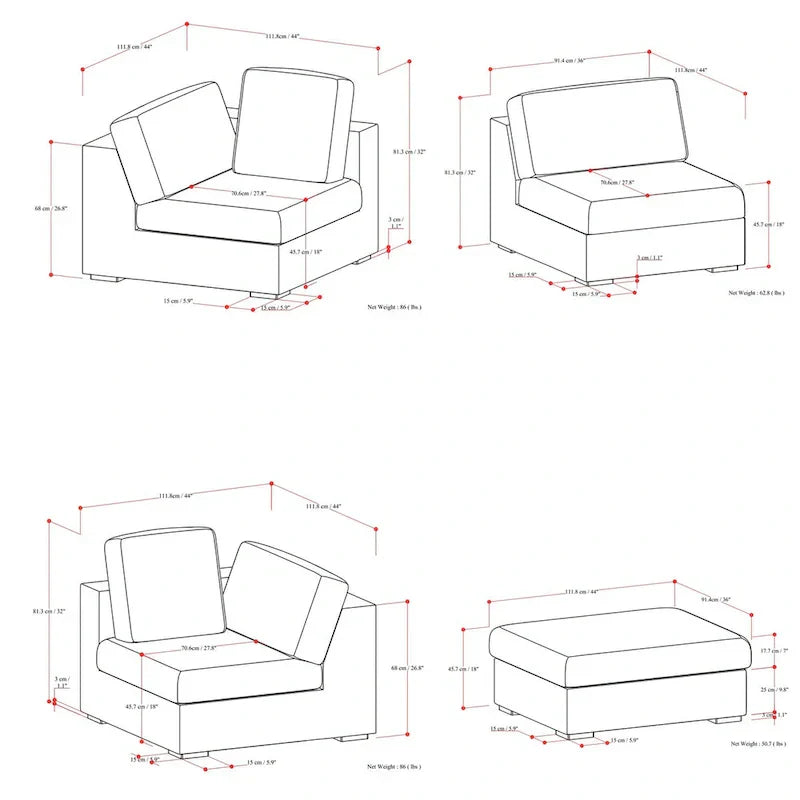 WYNDENHALL Marlee Canapé modulaire 3 places et pouf en tissu chenille velouté haute performance