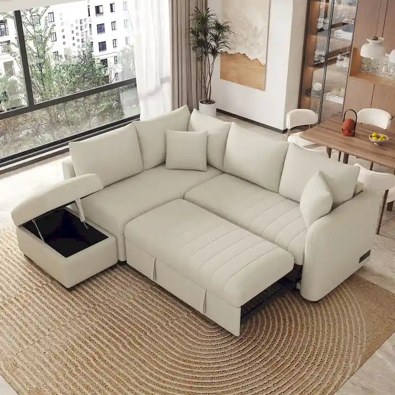 Canapé d'angle convertible MERAX en forme de L avec pouf de rangement