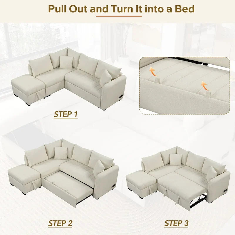 Canapé d'angle convertible MERAX en forme de L avec pouf de rangement