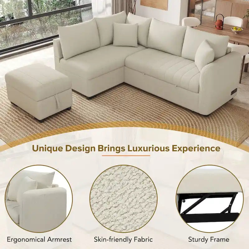 Canapé d'angle convertible MERAX en forme de L avec pouf de rangement