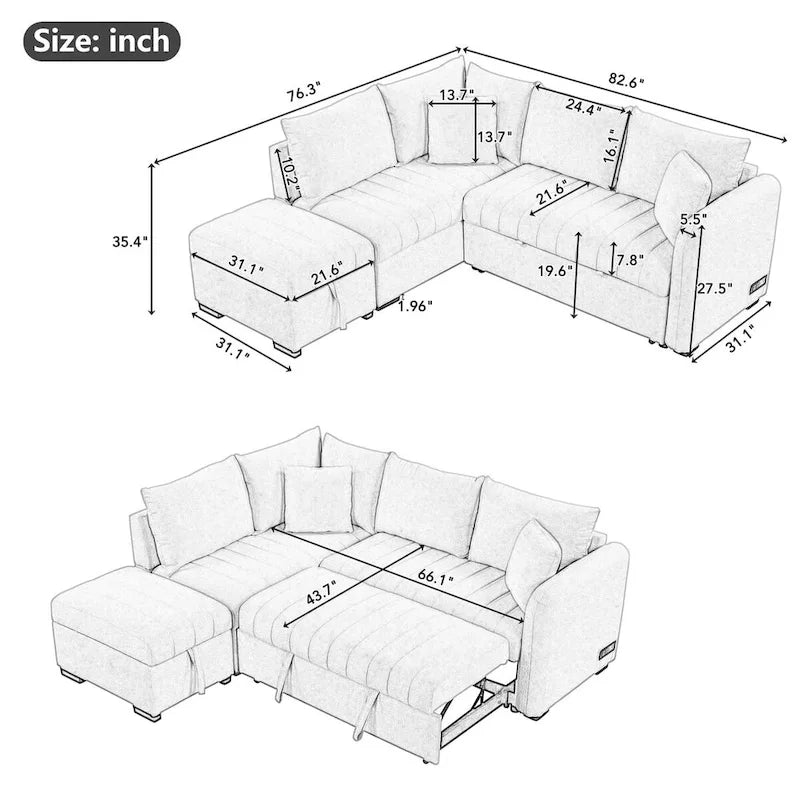 Canapé d'angle convertible MERAX en forme de L avec pouf de rangement