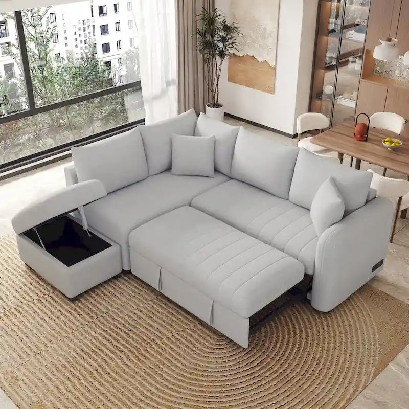 Canapé d'angle convertible MERAX en forme de L avec pouf de rangement