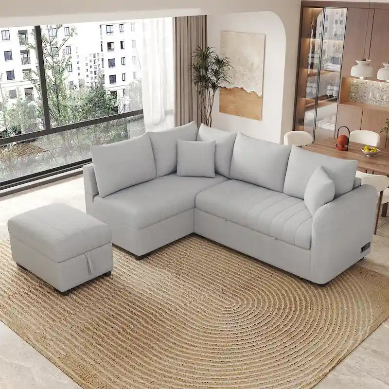 Canapé d'angle convertible MERAX en forme de L avec pouf de rangement