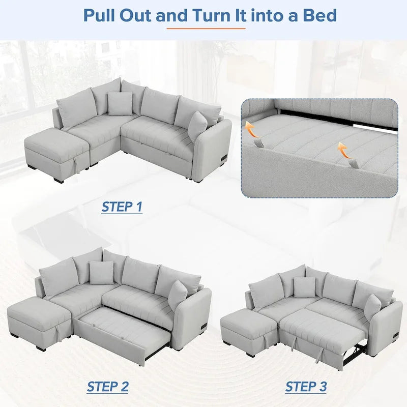 Canapé d'angle convertible MERAX en forme de L avec pouf de rangement