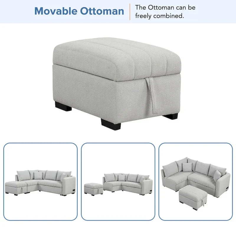 Canapé d'angle convertible MERAX en forme de L avec pouf de rangement